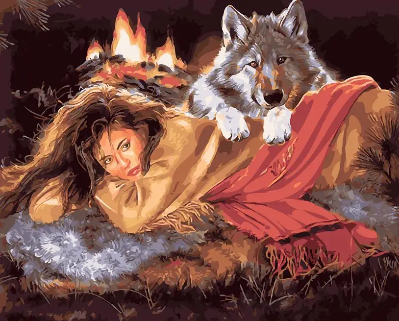 

Oil Painting Unique Gift For Children By Numbers DIY Home Wall Art Picture Handpainted The wolf and the little girl
