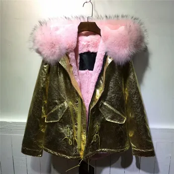 

Beautiful raccoon fur collar hooded outwear winter Mrs glod lether coat light pink fur inside jacket