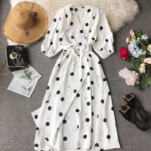 Женское винтажное платье, новинка, весеннее женское платье с рукавом 3/4, праздничное платье трапециевидной формы, модное платье в горошек с v-образным вырезом