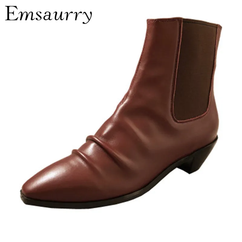 

Genuine Leather Ankle Boots Antique Claret Pleated Pointed Toe Square Heel Elastic Band Autumn Short Booties Women