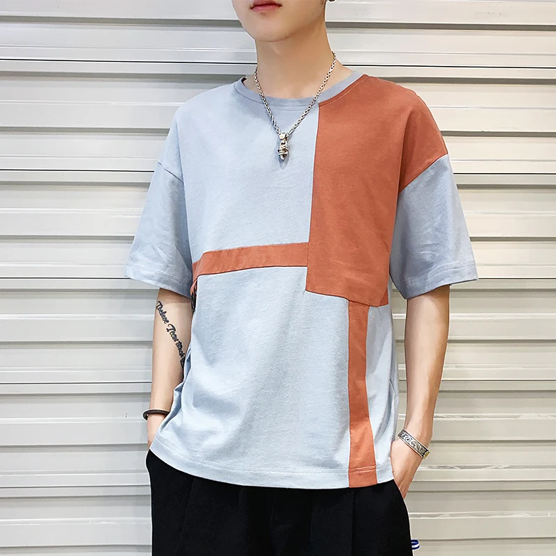 

Brand New Male T-Shirt Creative Patchwork Men's T-Shirts O-Neck Summer Black Blue Man's Short-Sleeved T-Shirt