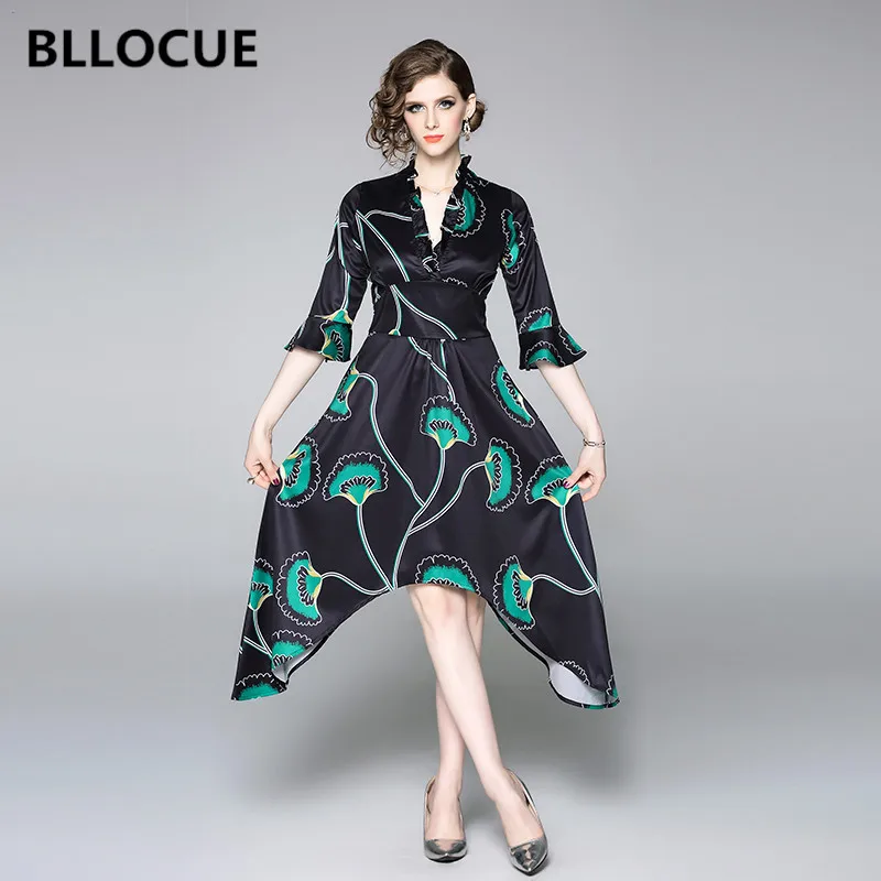 

BLLOCUE 2019 New Summer Runway Dresses Women Flare Sleeve V-Neck Fashion Vintage Print Irregular A-Line Casual Dress