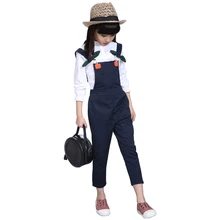 Детская зимняя одежда осенняя белая футболка+ комбинезон для крупных девочек 4-12 лет комплекты из 2 предметов наряд Снова в школу детская одежда