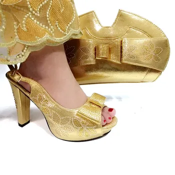 

2019 Gold Color African Women Shoes And Bag Set With Rhinestones Pumps Italian Shoes With Matching Bag For Evening Party Wedding