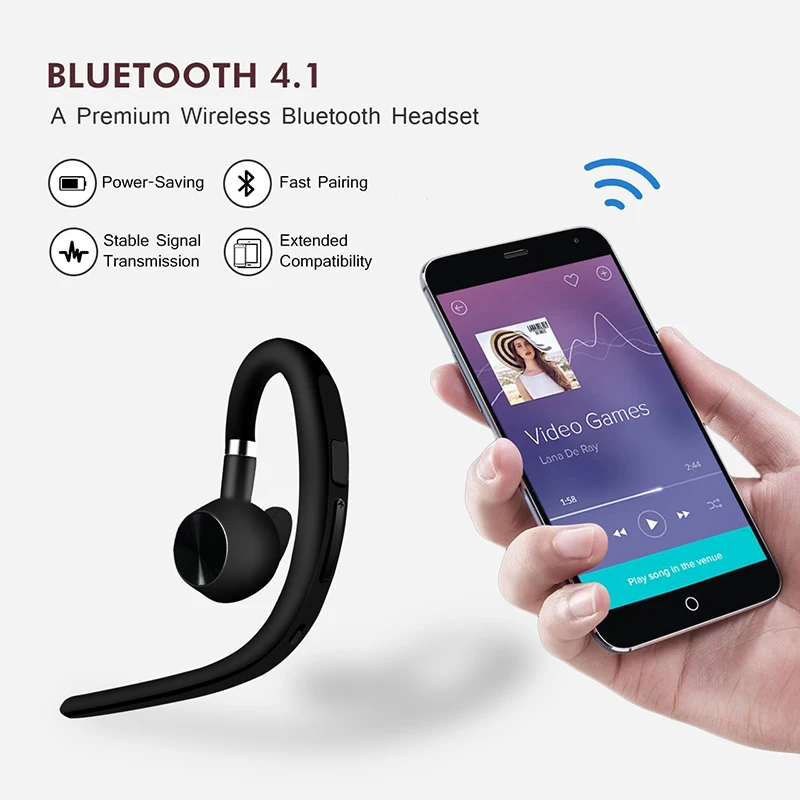 Bluetooth Earphone Business Handsfree Ear Hook Wireless Headsets Noise Cancelling HD Mic Music For iPhone 7 8 X Huawei P20 P30