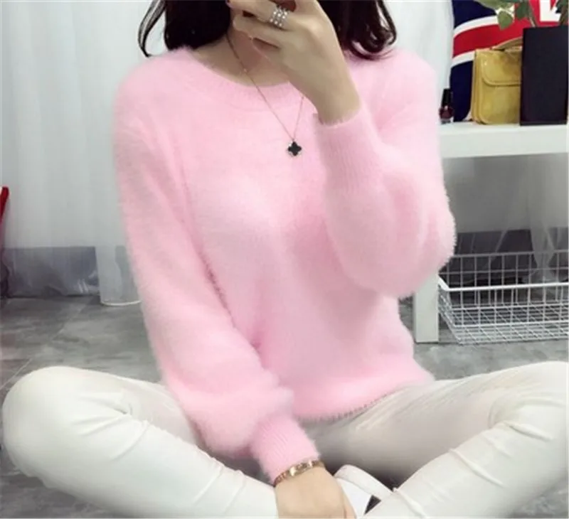 Пуловер Pull Femme, женские свитера и пуловеры, кашемировый свитер, вязаный корейский Зимний Теплый розовый свитер, джемпер из мохера и меха - Цвет: Розовый