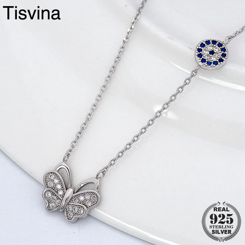 

Tisvina New Turkish Lucky Blue Evil eye Butterfly Necklace women jewelry 925 Sterling Silver High quality Choker Chain Necklaces