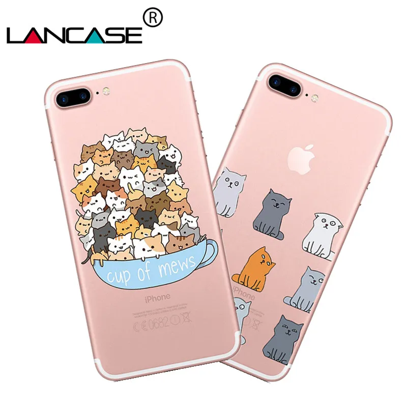 LANCASE Cartoon Case for iPhone 8 Cute Cat Clear Silicone TPU Phone
