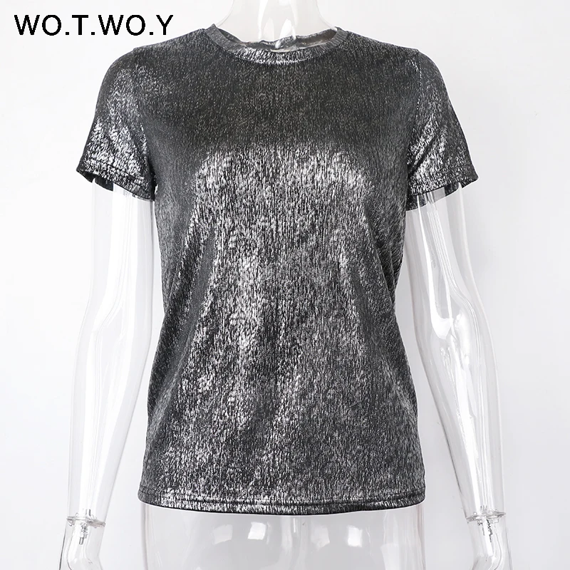 Silver Shiny Lurex Knitted T Shirts Women 2019 Summer Sexy Slim O-Neck Short Sleeve T shirt Woman Solid Tees Harajuku