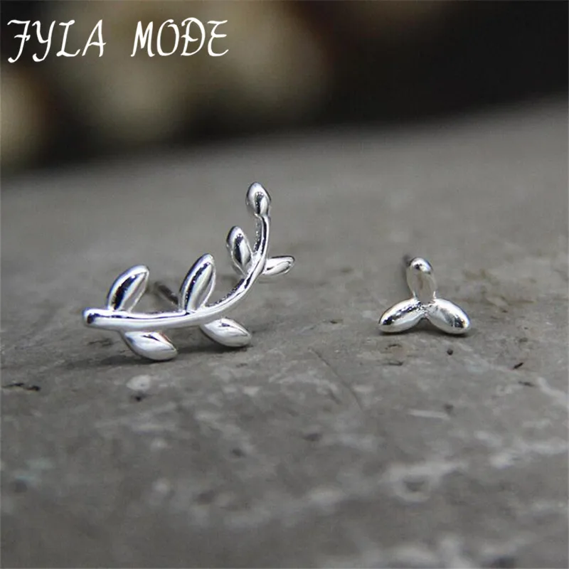 

2017 New Simple Fashion 925 Sterling Silver Leaf Olive Branch Stud Asymmetric Earrings Prevent Allergy Brincos Piercing Ear