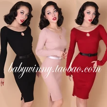FREE SHIPPING 2015 New Winter Autumn Plus Size Sexy Vintage Elegant Knitted Knee Length O Neck Full Sleeve Dress Women Clothing