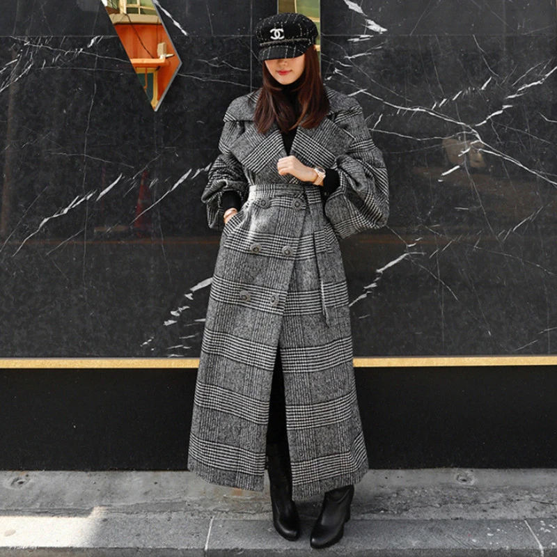 

Winter Women's elegant fashion Wool Blend Coat lapel plus size X-Long trench Coat with belt Women Cashmere Female Overcoat DJN11