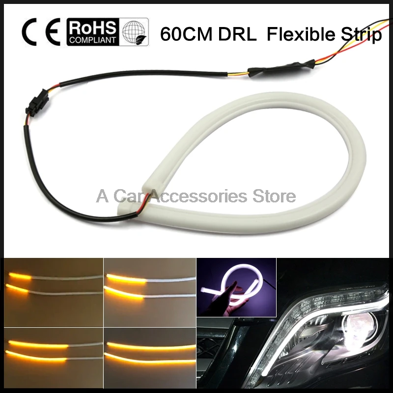 

car flexible DRL running turn signal white amber led flowing bar silicone daytime running light headlight strip free shipping