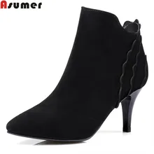 ASUMER/Новое поступление; модные женские ботинки; Черные ботильоны из коровьей замши с острым носком; женские ботинки на молнии на высоком каблуке для выпускного вечера; большие размеры 32-45
