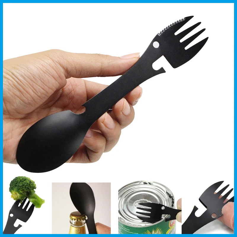 

bushcraft multi Camping equipment Spoon Fork Bottle Opener Portable Edc outdoor tool hunting fishing prepper gear survival kit