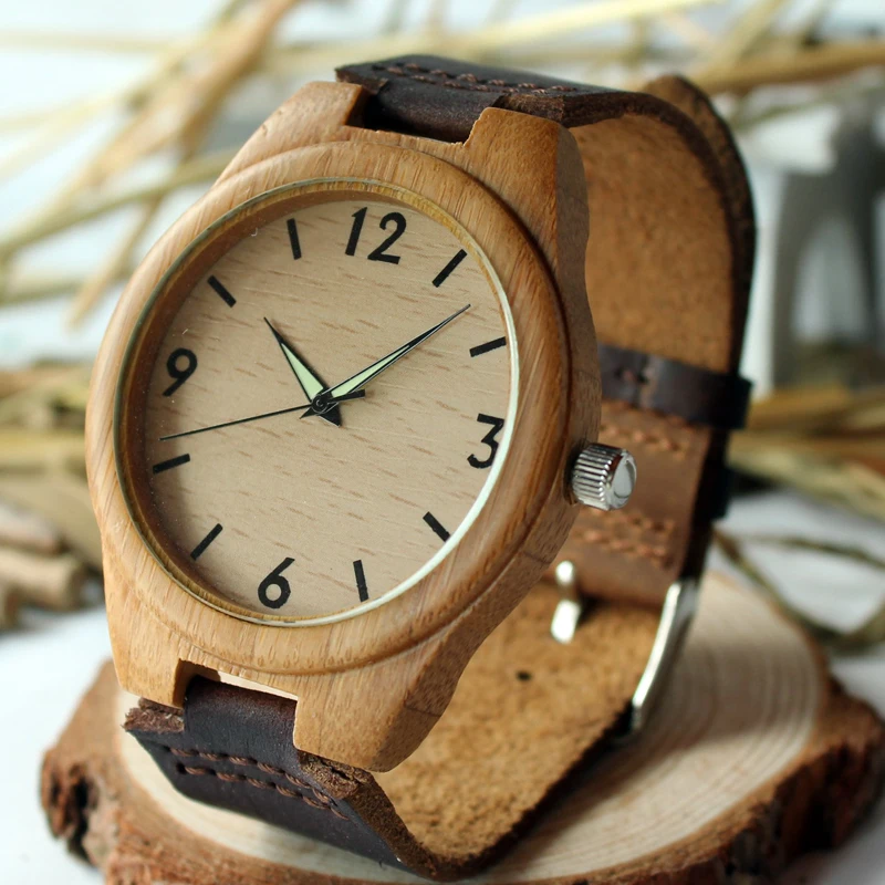 2016 New Arrival Men Wooden Wristwatch Hand craft Watch Luminous Hands with Genuine Leather Strap In