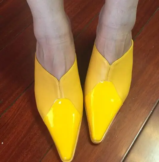 

Womens Shiny Leather Pointy Toe Casual Mules Med Slim Heel Slipper Slip On Shoes E69