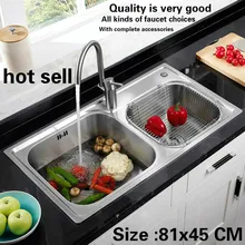 Стандартный Большой двойной кухонный паз раковина мыть блюда пищевые продукты длительного хранения из нержавеющей стали Горячая 810x450 мм