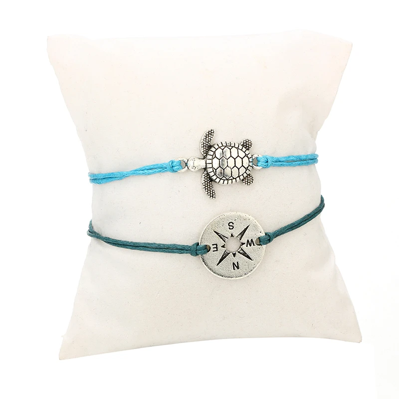 Docona, пляжный браслет с голубой веревкой, черепаха, компас, набор для женщин, девушек, серебряные регулируемые браслеты, набор, браслет, вечерние ювелирные изделия 6706