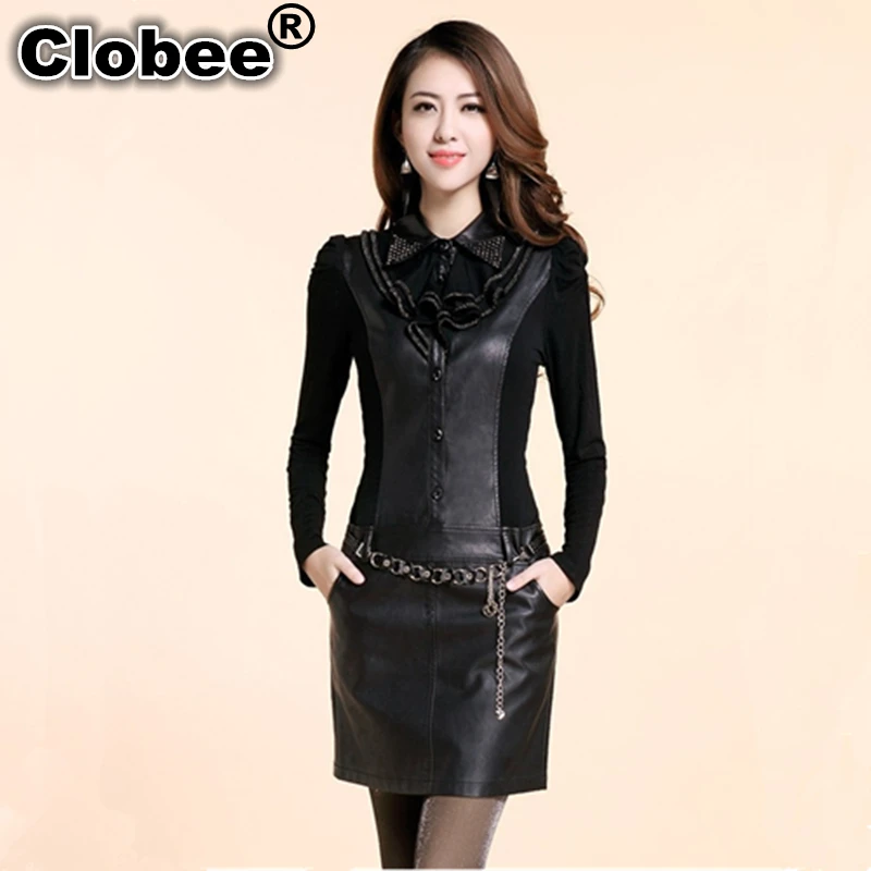 

High Quality! Dresses for women 2019 Women's Long-Sleeve PU Retro Autumn Winter Dress Large size Sexy Party Dresses