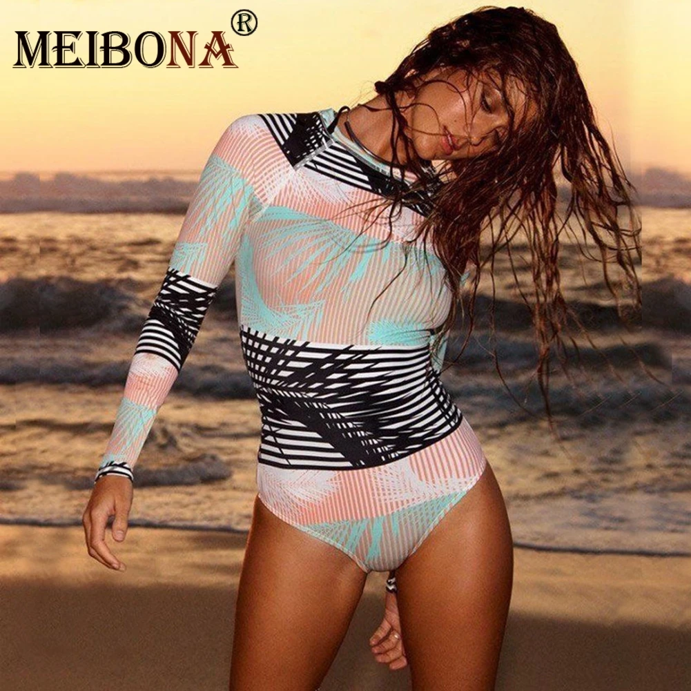 2018 Long Sleeve Swimsuits Floral Print Swimwear Women One Piece Monokini Bath Suits Maillot De Bain Femme Women Surfwear