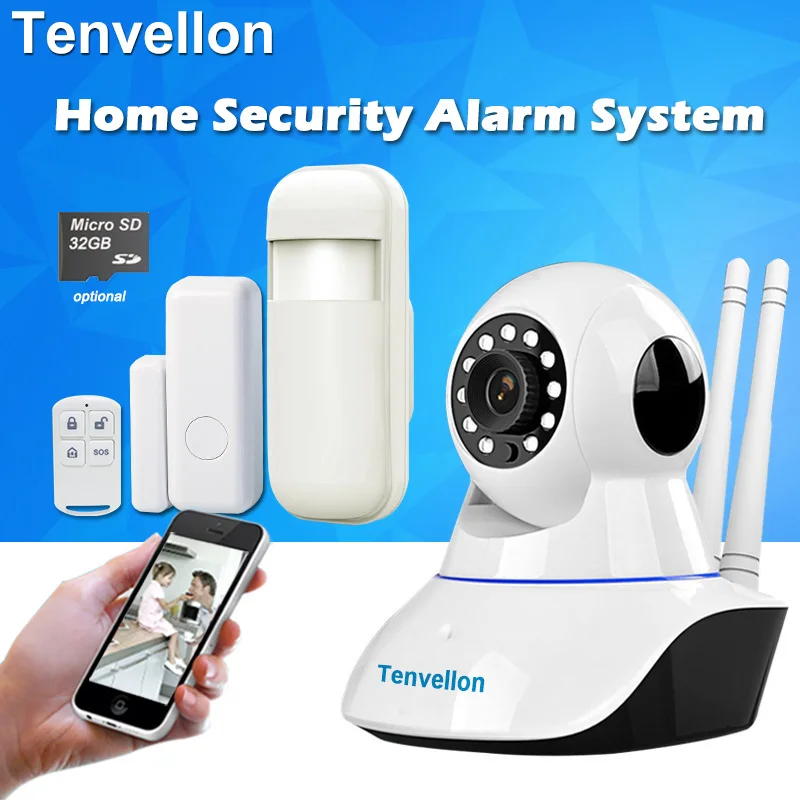 

Tenvellon Alarm Systems Security Home WiFi Wireless Network Security Alarm System Kits IP Camera Door Sensor IR Motion Detector