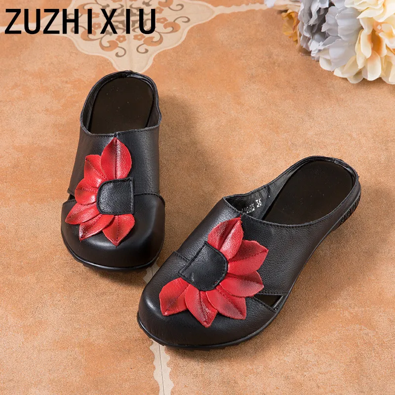 

ZUZHIXIU-Spring/Summer,Women ethnic style slippers,Low-heel flat flower slippers,High grade soft cowhide slippers,2 colors