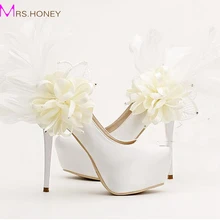 Sweet Floral Feather Bridal Shoes Fashion Stiletto Heels Platforms Party Shoes White Satin Wedding Dress Pumps Bridesmaid Shoes