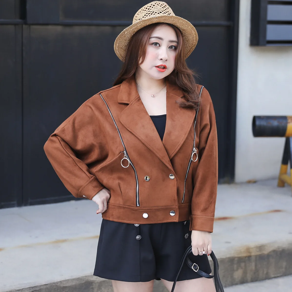 New 2018 Fashion Women Suede Motorcycle Jacket Brown Pink