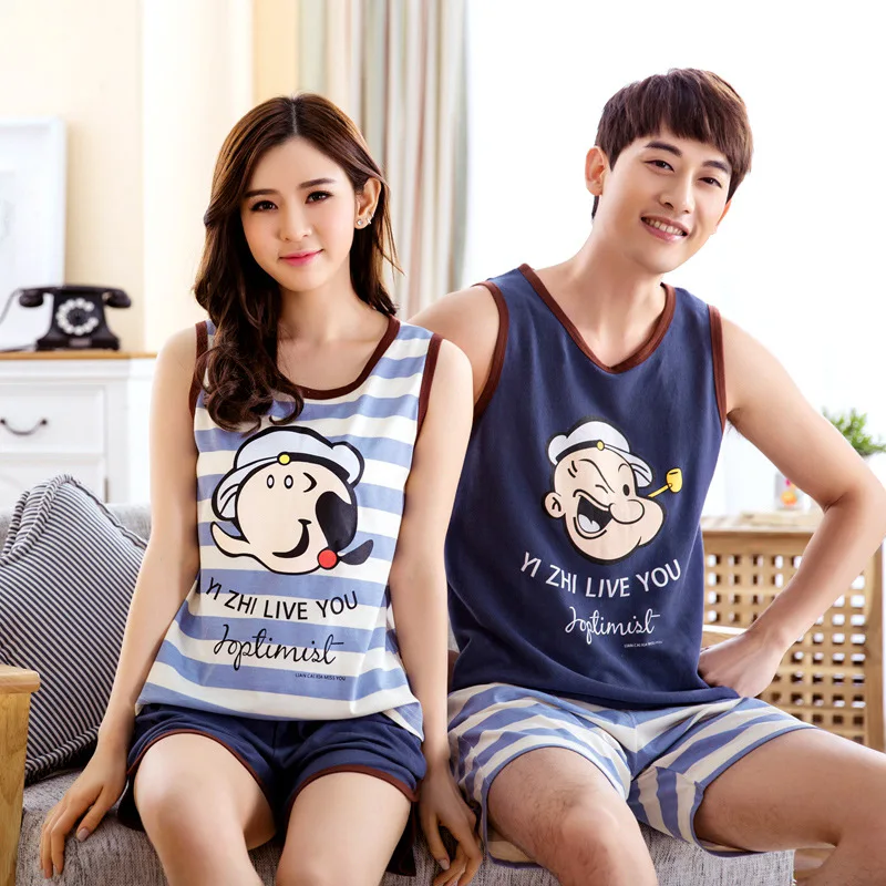 Cute cartoon lovers summer pajamas set Night Sleeveless couple homewear
