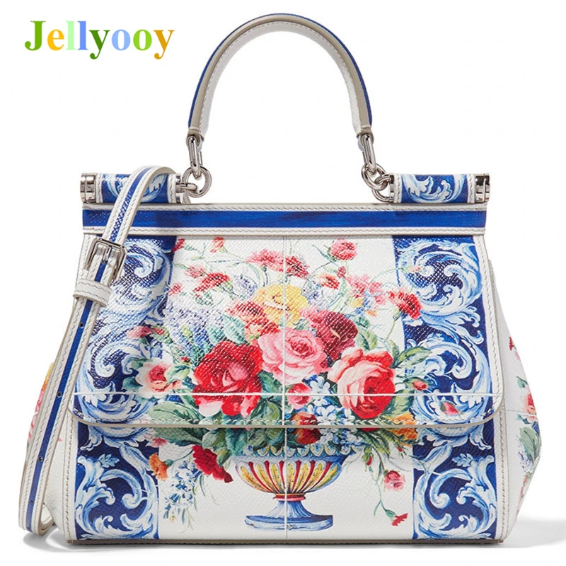 

Genuine Leather Women Handbag Satchel Bag Flower Printed Painted Shoulder Bag Real Cow Leather Tote Luxury Famous Brand Designer