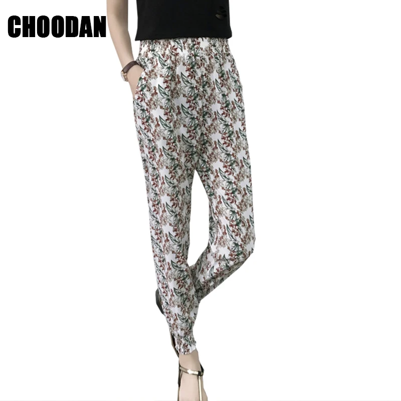 Ankle length Women Pants Floral Print High Waist Elastic Summer