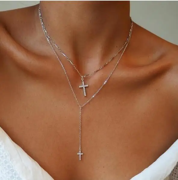 

Fashion Gold Color Crystal Cross Necklaces Pendants Boho Double Layered Necklace Catholic Religious Christian Statement Jewelry