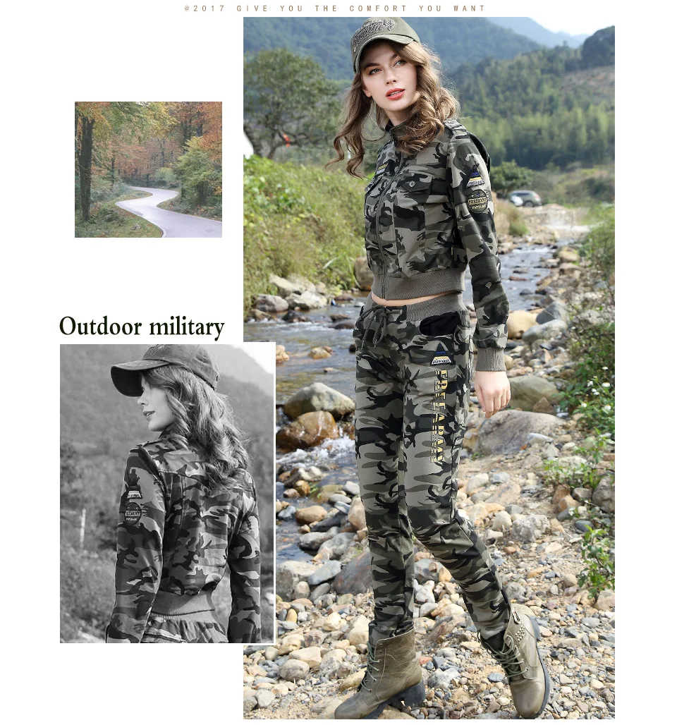 FREEARMY Brand Womens Sets Camouflage 2 Piece Sweat Suit Set Pants+Short Jacket Slim Womens Clothing Female Tracksuit Suit Set