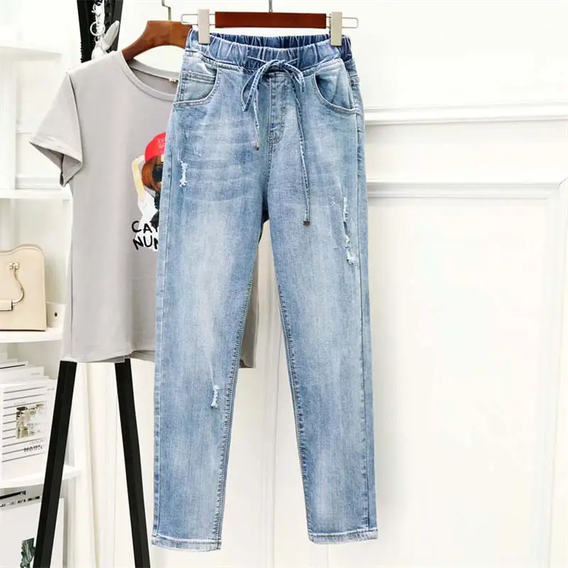 Джинсы с высокой талией женские стрейч джинсовые шаровары брюки женские повседневные свободные большие размеры винтажные Джинсы бойфренда для женщин Q1678