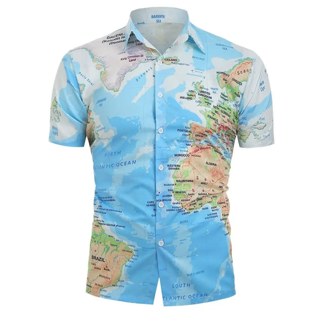 Летняя мужская Повседневная рубашка с принтом карта мира на пуговицах, топ, красивая блузка, camisa masculina hombre, Прямая поставка D - Цвет: Blue