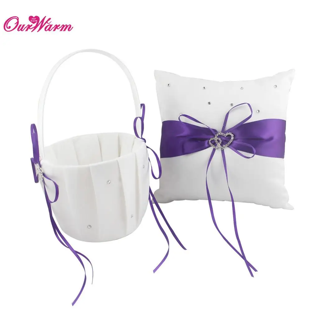 OurWarm подушка для крещения кольцо Подушка Цветочная корзина сердце сатиновая корзина для хранения подарочный Свадебный мешочек сувенир вечерние украшения - Цвет: Purple
