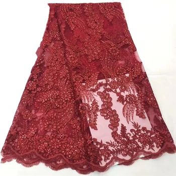 

VILLIEA African Lace Fabric Red High Quality Lace Nigerian Lace Fabric With Sequin Embroidery Tulle French Lace for Women dress