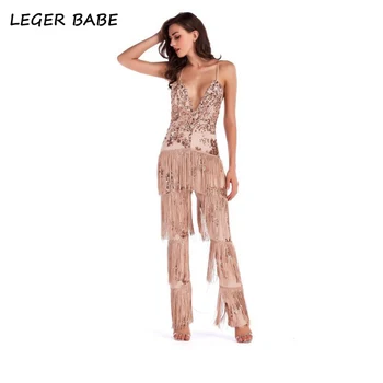 

Leger Babe New Arrivals Sexy Tassel Jumpsuit Spaghetti Straps Women Skinny Deep V Neck Party Beading Jumpsuit Club Party Wear