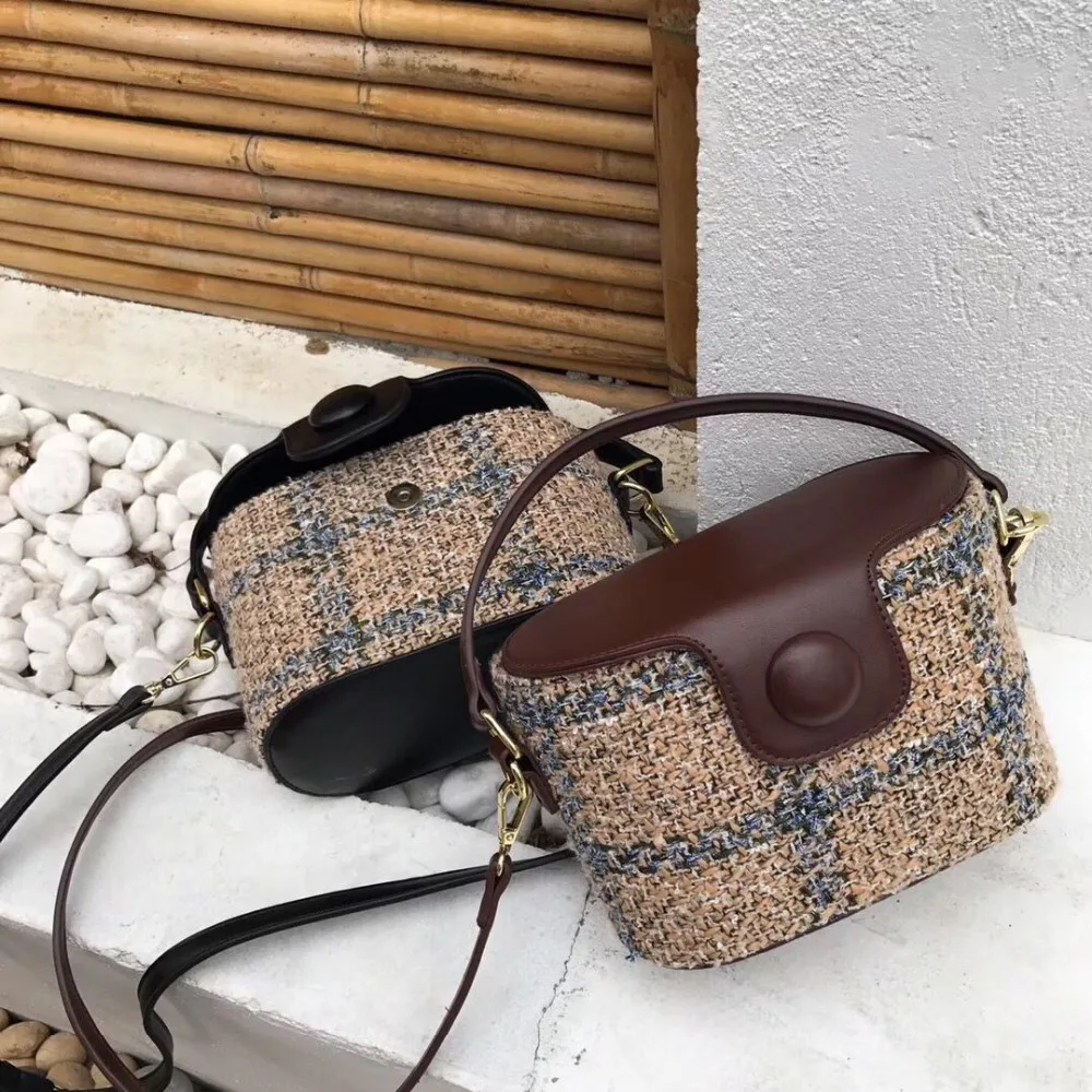 

new 2018 spring wool knitted women tote handbag small clutch bucket bag leather vintage bag strap female bag shoulder bag