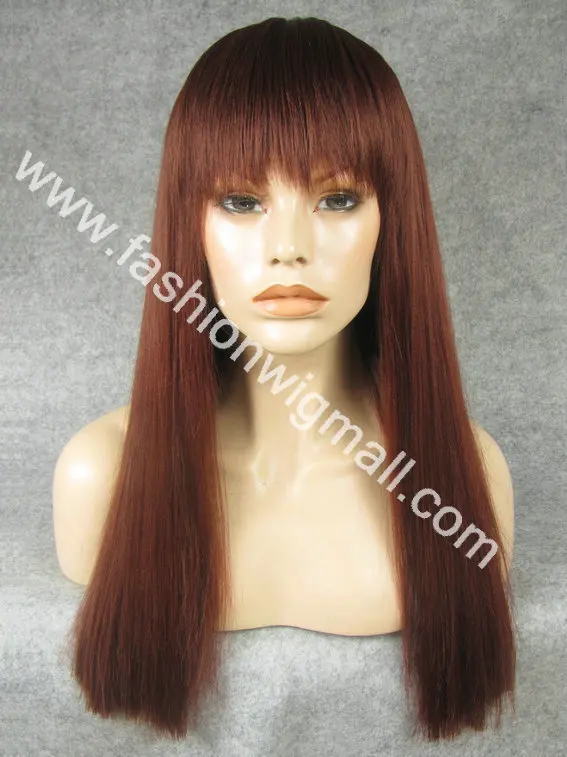 

20" Long  #35 Burgundy Red Heavy Density Yaki Straight Synthetic Hair Fashion Wig With Neat Bang W11