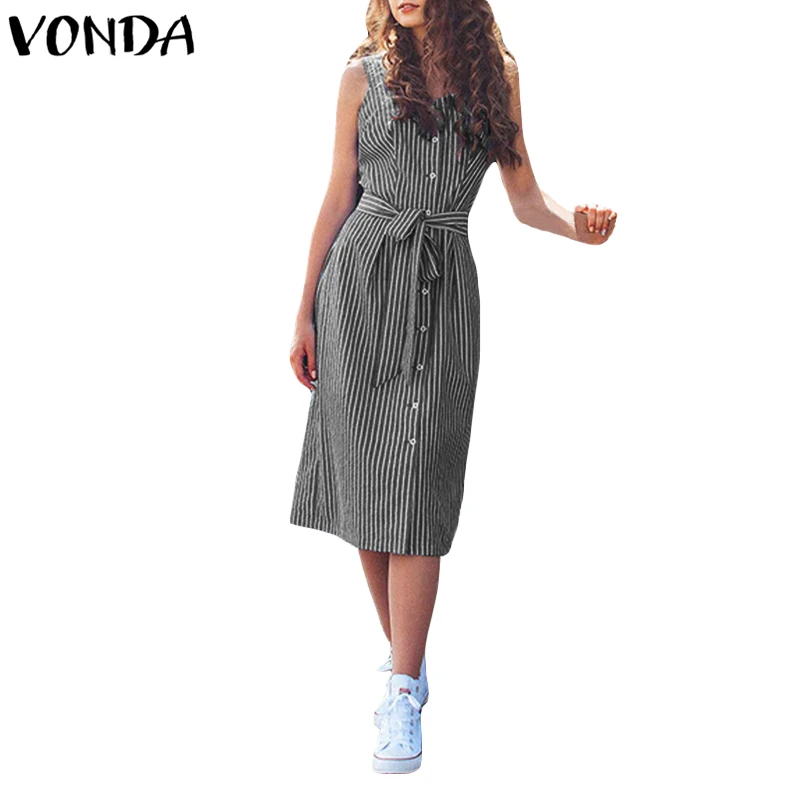 

VONDA Women Striped Dress 2019 Summer Midi Vestidos Casual Vintage Sexy Fashion Square Collar Sleeveless Dresses Plus Size