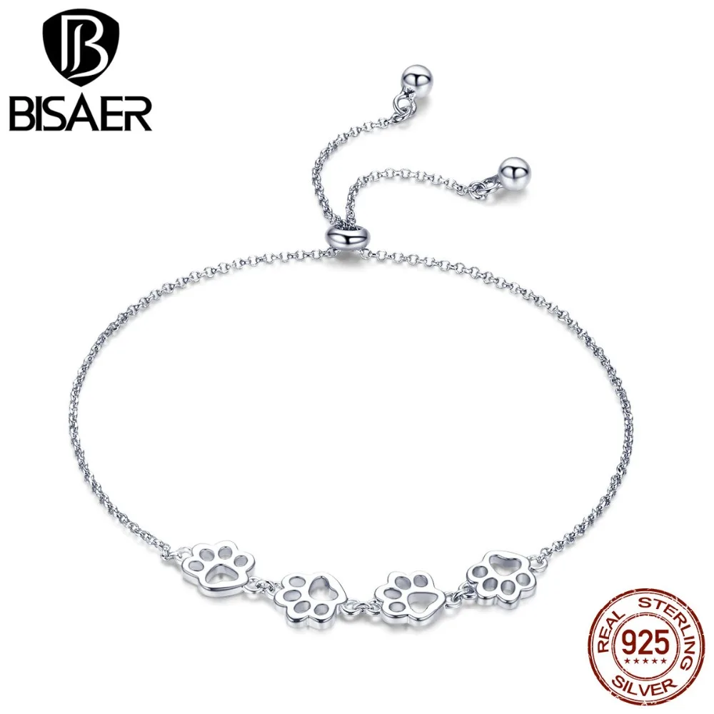 BISAER, 925 пробы, серебряная собака, следы, цепочка, женские браслеты, для женщин, кошка, следы, серебряный браслет, ювелирное изделие ECB096