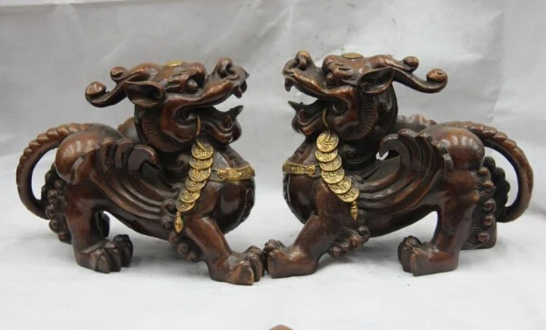 

marked Bronze Copper Feng Shui Evil brave troops Dragon kylin Kirin Statue Pair