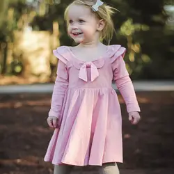 Зимнее платье для маленьких девочек, розовое Повседневное платье принцессы с длинными рукавами и бантом, наряды на день рождения, осеннее