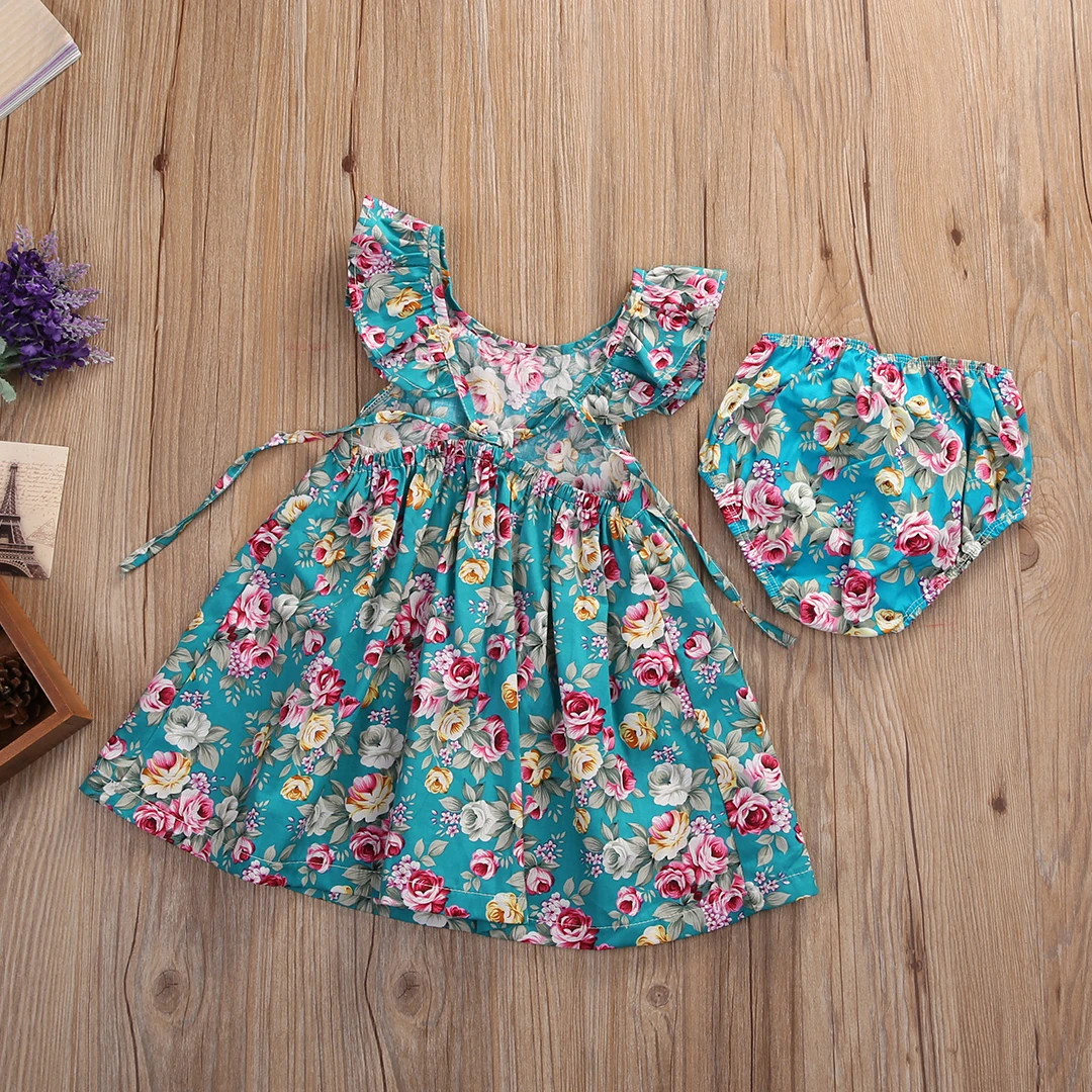

Summer Infant Children Girl Clothing Set Cap Sleeve Dress + Shorts Sundress Floral Kids Girl Clothes Set