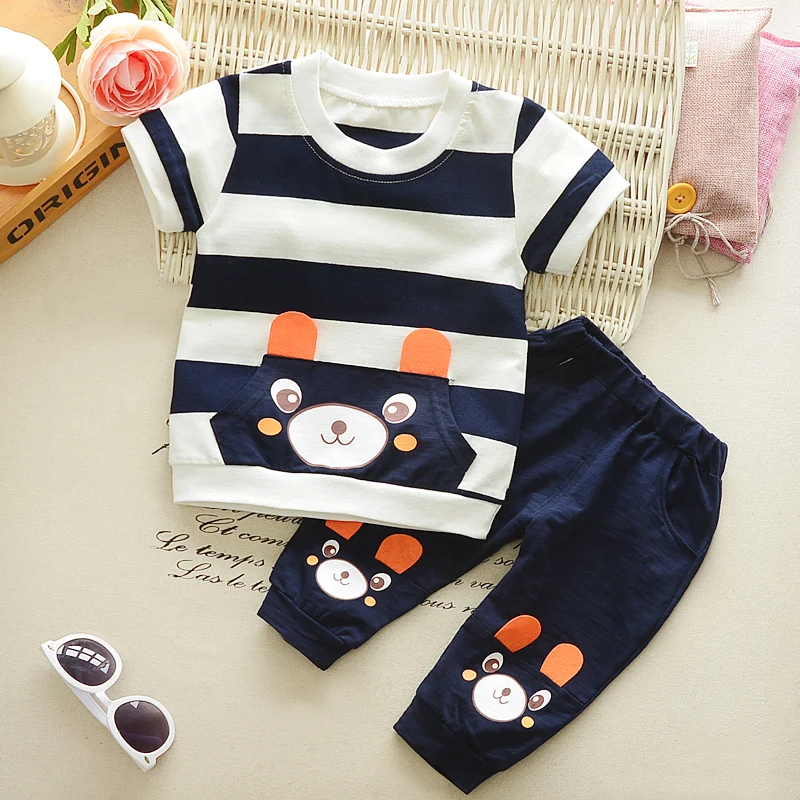 

2017 summer children clothing set boy&girl baby cotton casual cartoon stripe pocket bear short-sleeve T-shirt+shorts kids 2 pcs