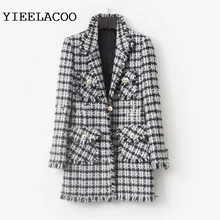 Черный/белый твидовый в клетку куртка осень/зима Женская куртка лацкан Тонкий средней длины Небольшой аромат куртка
