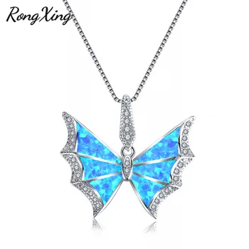 

RongXing Vivid Ocean Blue/White Fire Opal Butterfly Pendants Silver Color Zircon Birthstone Charm Necklace NL0194