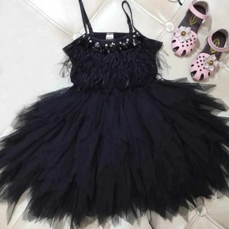 Модное платье с кисточками и перьями для девочек 2-10 лет; нарядные платья для девочек на свадьбу; детское платье принцессы; костюм на день рождения; детская одежда - Цвет: Black